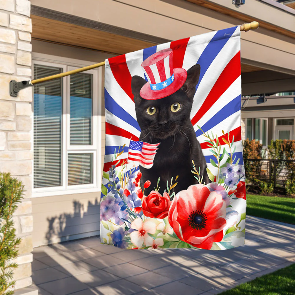 Bimipi American Flag - Black Cat Flowers 4th Of july Flag