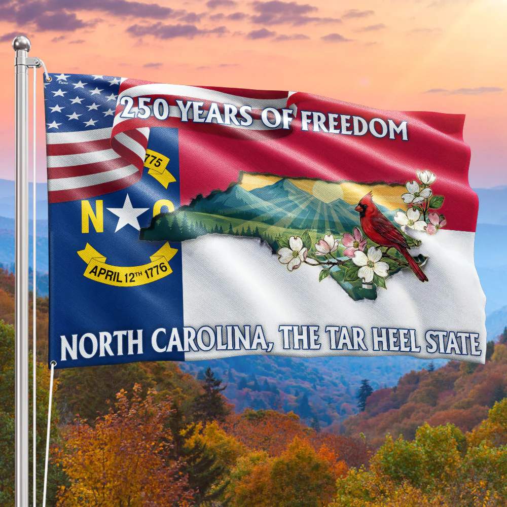 America 250 NC Patriotic Flag, North Carolina Tar Heel State Cardinal Dogwood Flower Decor