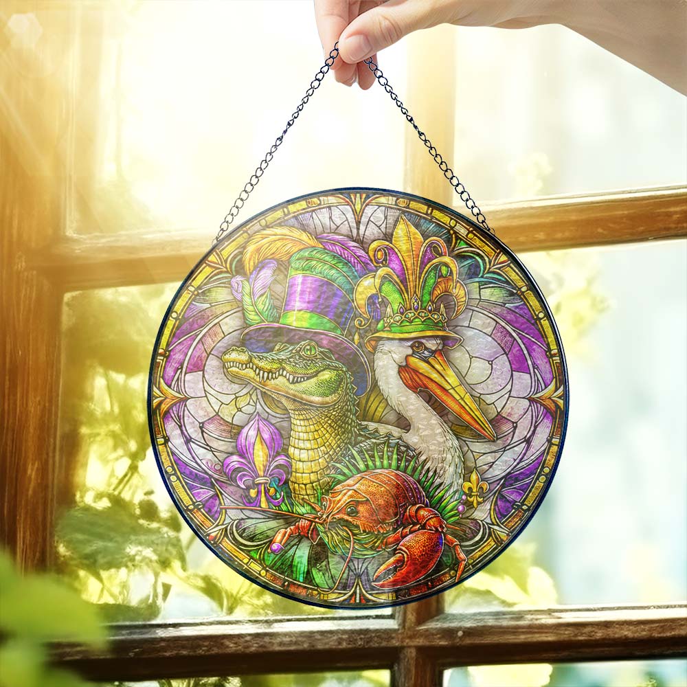 Mardi Gras Suncatcher, Alligator Pelican and Crawfish Gift Decor