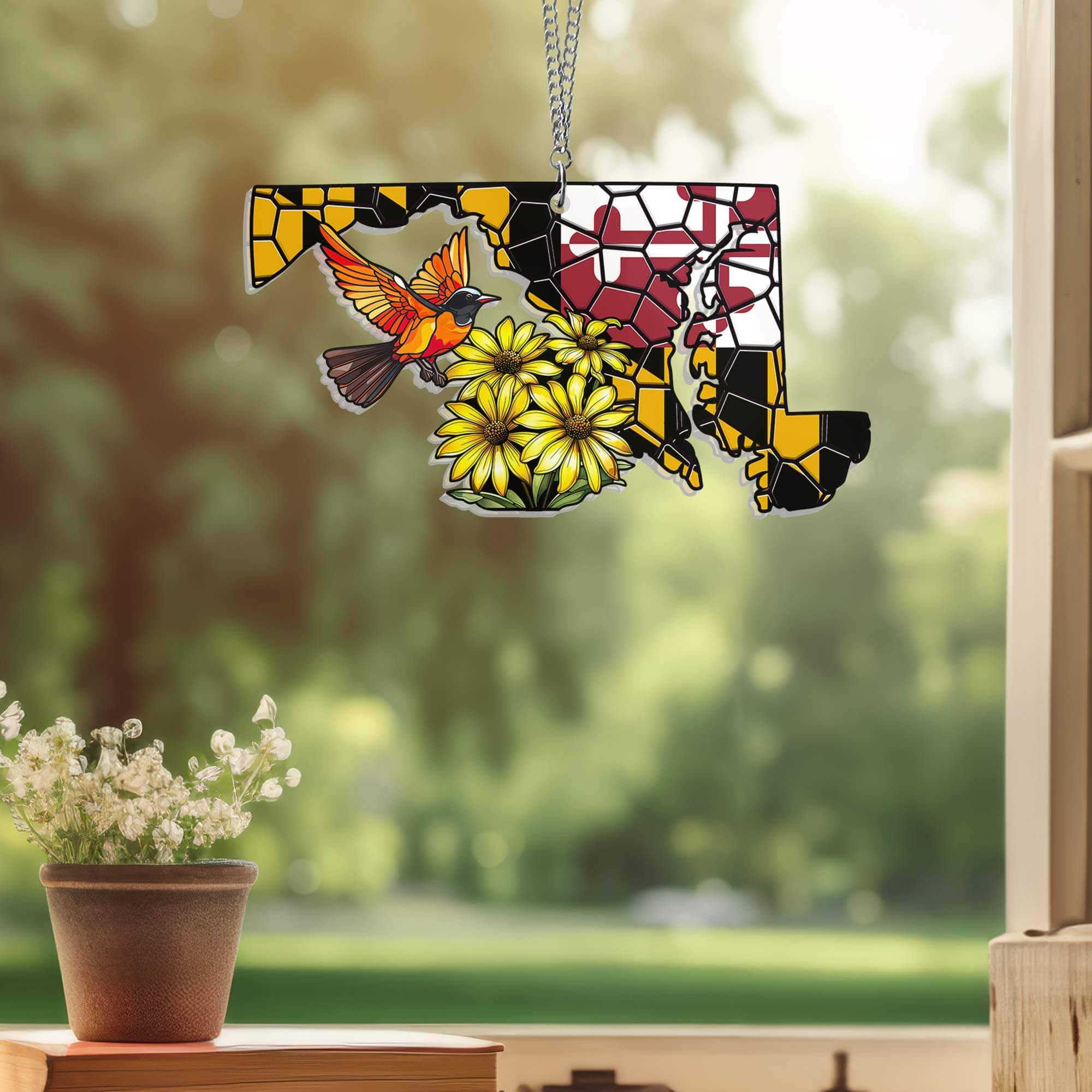 Maryland Black-eyed Susan and Flower Baltimore Oriole Bird Stained Glass Suncatcher Acrylic Haning Window TPT1035ASv2n