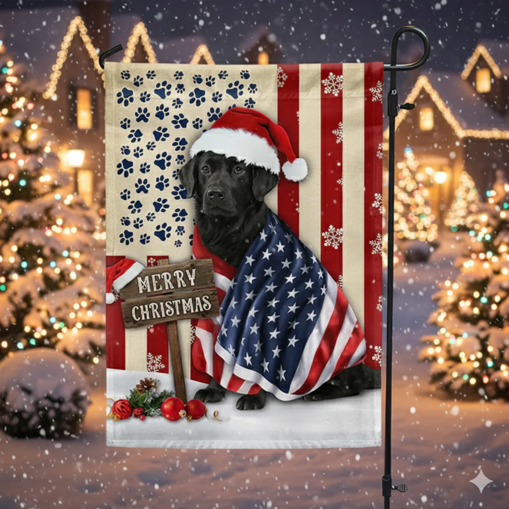 Merry Christmas Flag | Patriotic Black Labrador Retriever American Flag