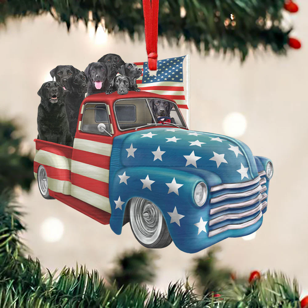 Christmas Ornament, Black Labrador Retrievers in American Flag Truck Ornament