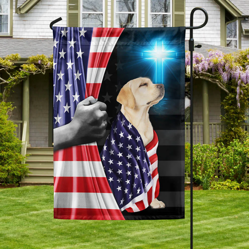 Yellow Labrador Retriever Patriotic American Flag Wrapped in Glory MLN1430Fv3