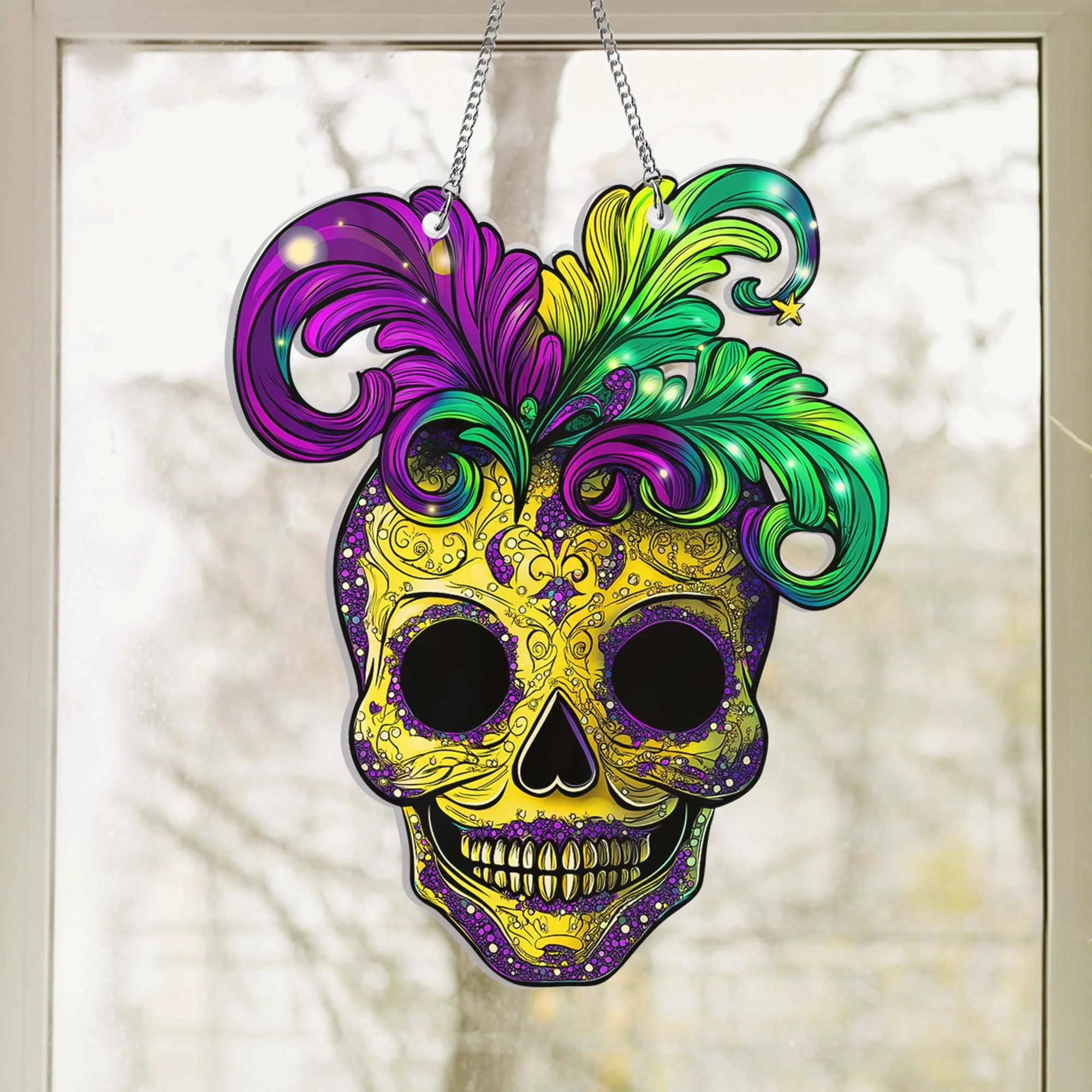 Mardi Gras Skull Suncatcher Acrylic Window Hanging Sign