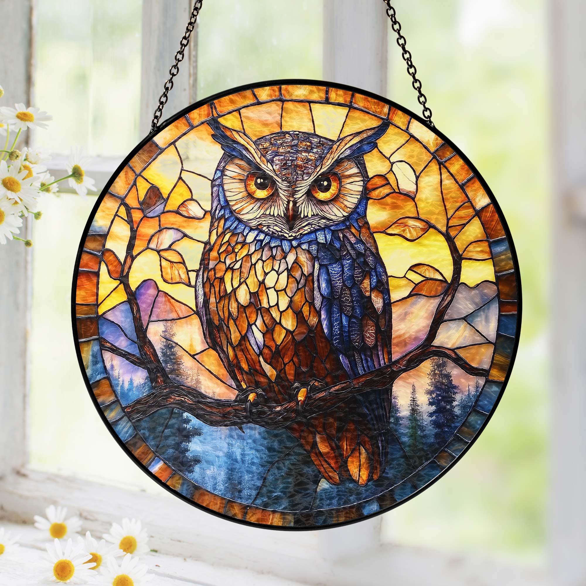 Owl Stained Glass Suncatcher Window Hanging