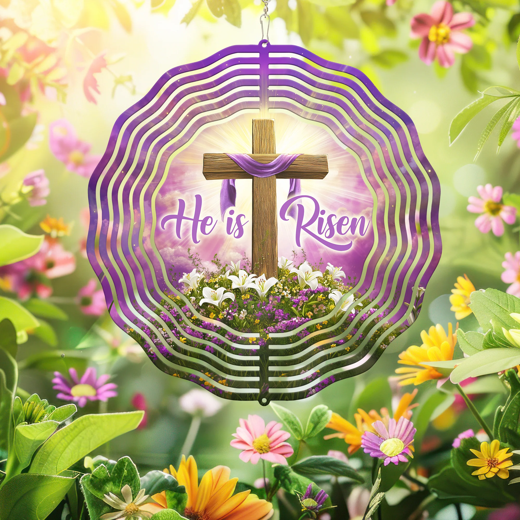 Easter He Is Risen Cross Christian Religious Wind Spinner