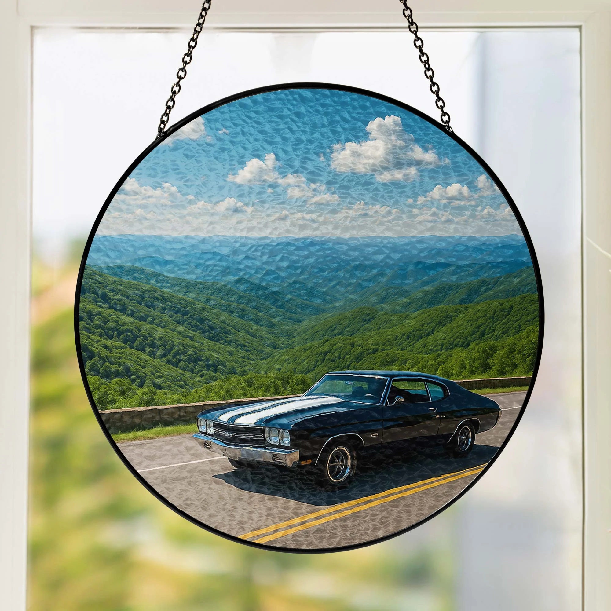 Vintage Car Stained Glass Suncatcher - Mountain Scene Window Hanging for Home Decor