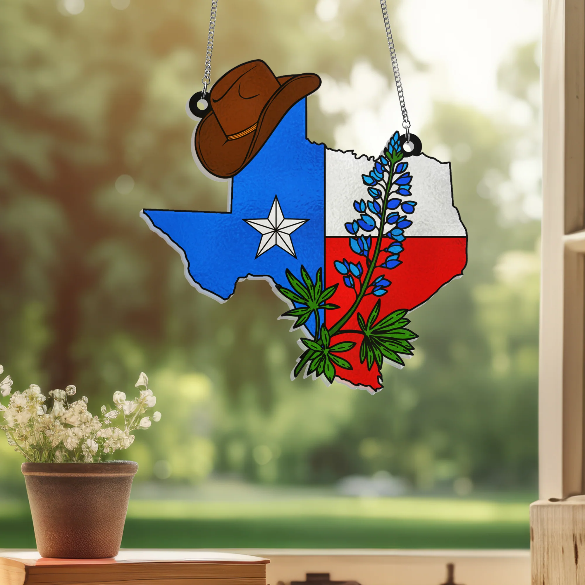 Texas Bluebonnet Cowboy Hat Suncatcher - Acrylic Hanging Gift for Western Home Decor & Nature Lovers