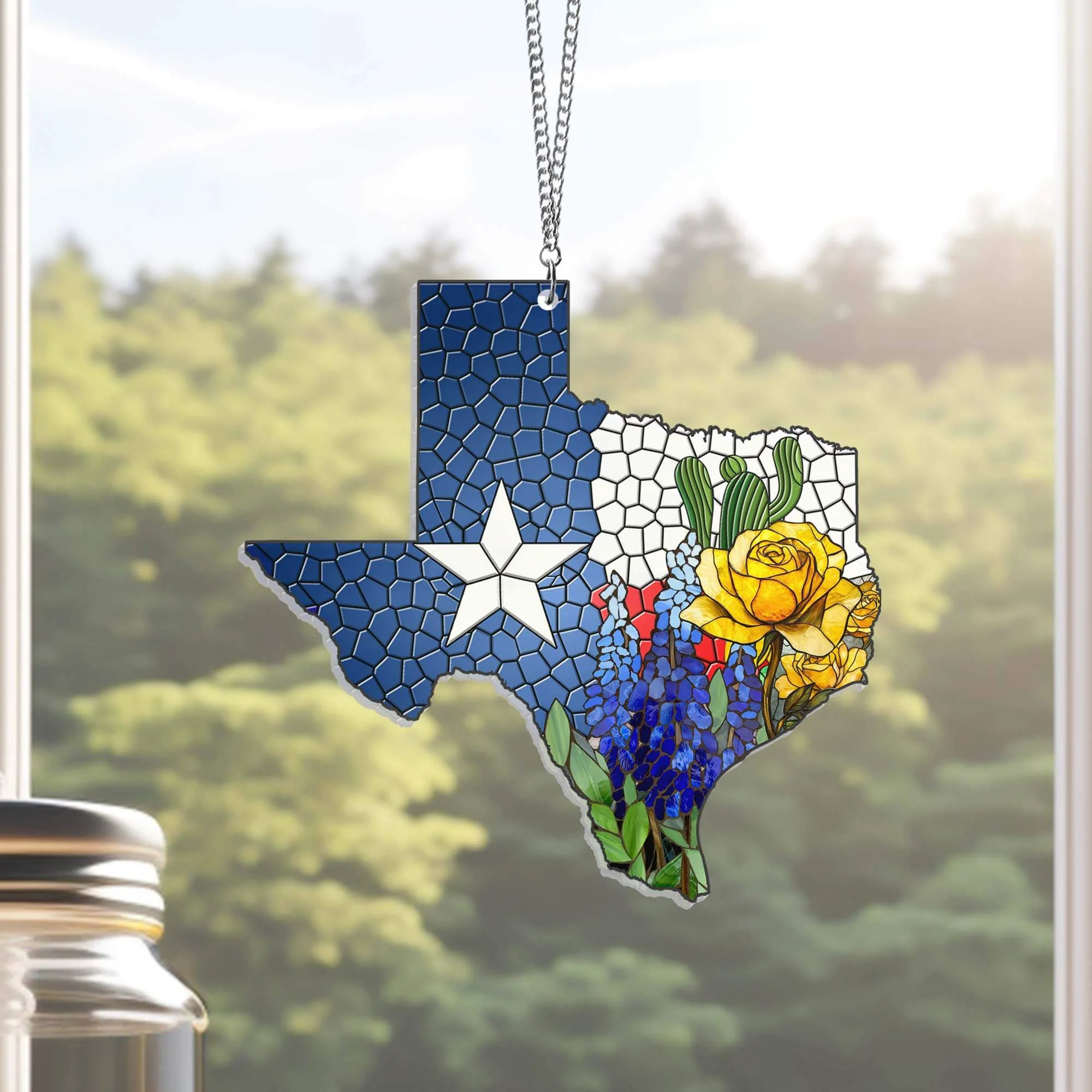 Texas Bluebonnet and Yellow Rose of Texas Suncatcher Acrylic Hanging