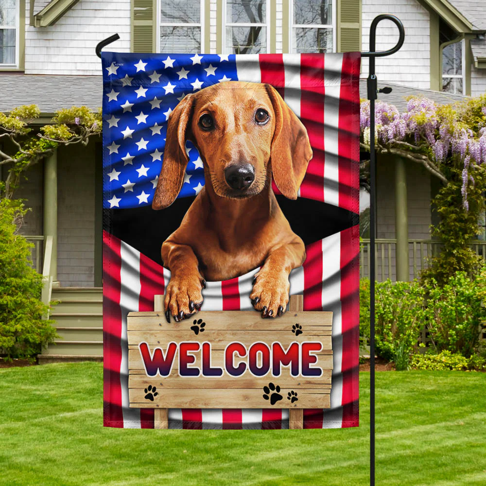 Red Dachshund Dog Welcome American Flag TQN1135Fv3a