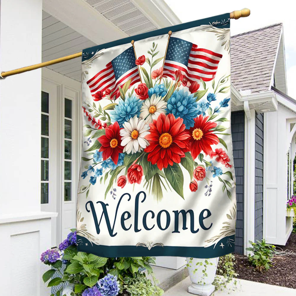 Bimipi American Flag - Patriotic Floral 4th Of july Welcome Flag