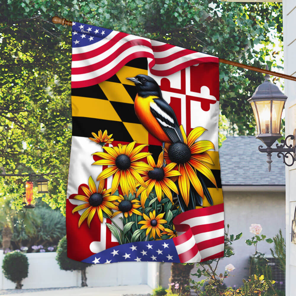 Maryland Spring Baltimore Oriole Bird and Black-eyed Susan Flower Maryland American Flag