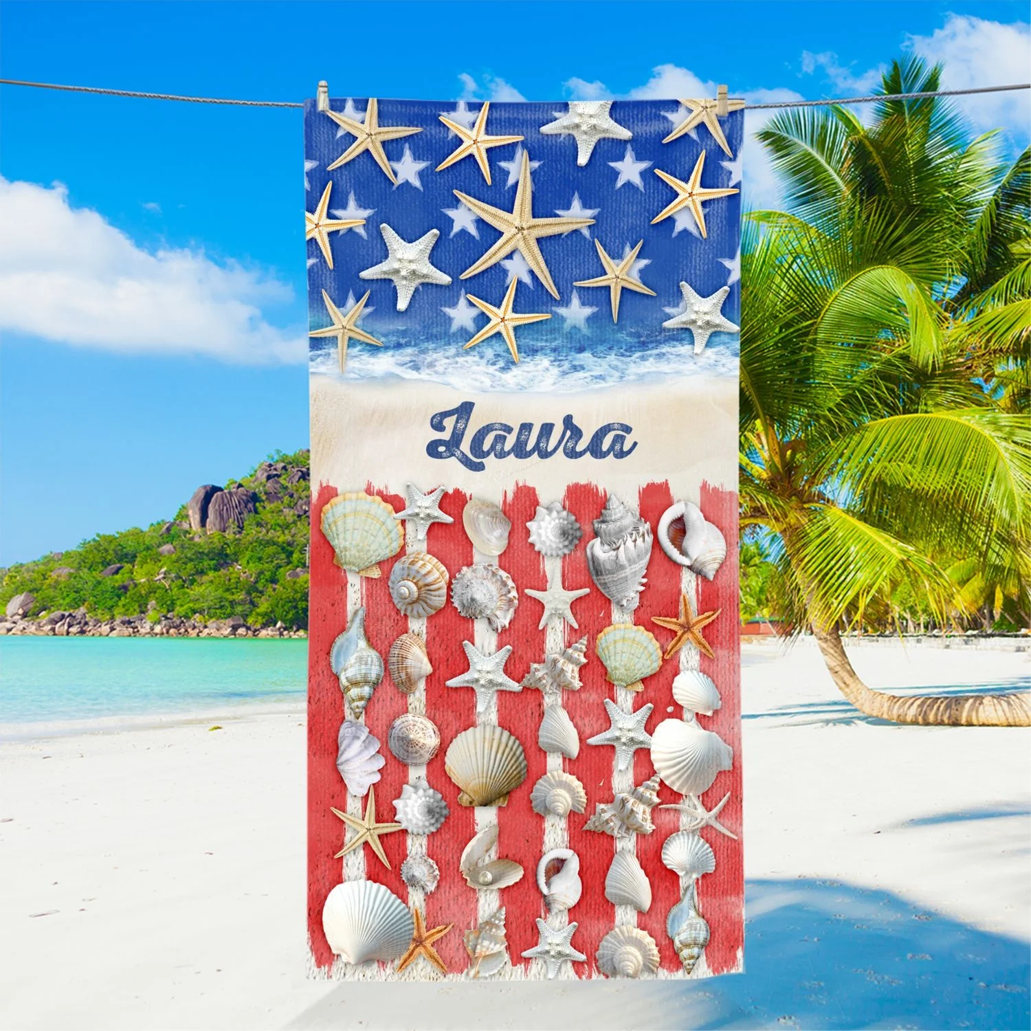 Personalized Patriotic Summer Beach Starfish American Beach Towel