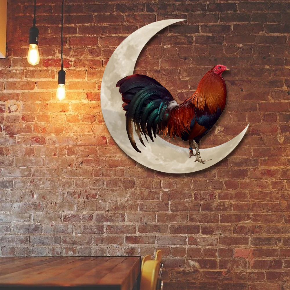 Rooster And Moon Hanging Metal Sign, Gamefowl Rooster, Fighting Rooster