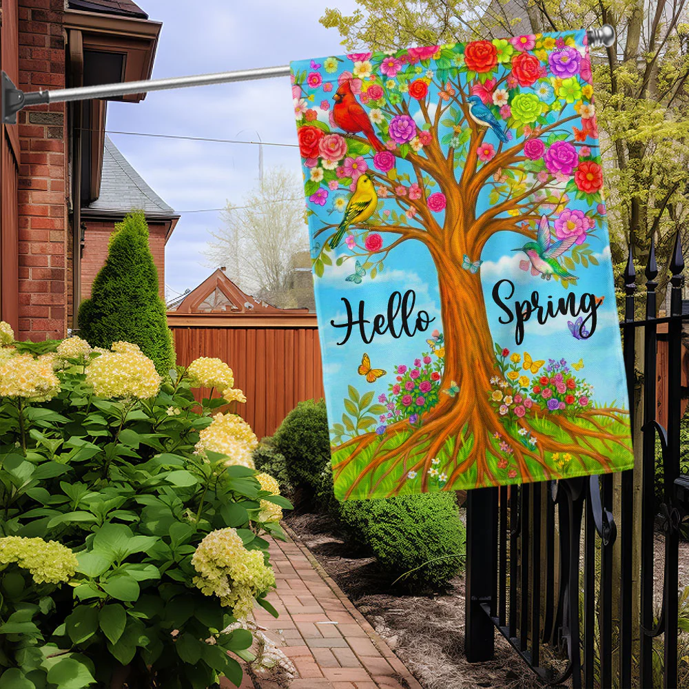 Spring Outdoor Home Decor, Floral Tree of Life Hummingbird Cardinal Flag