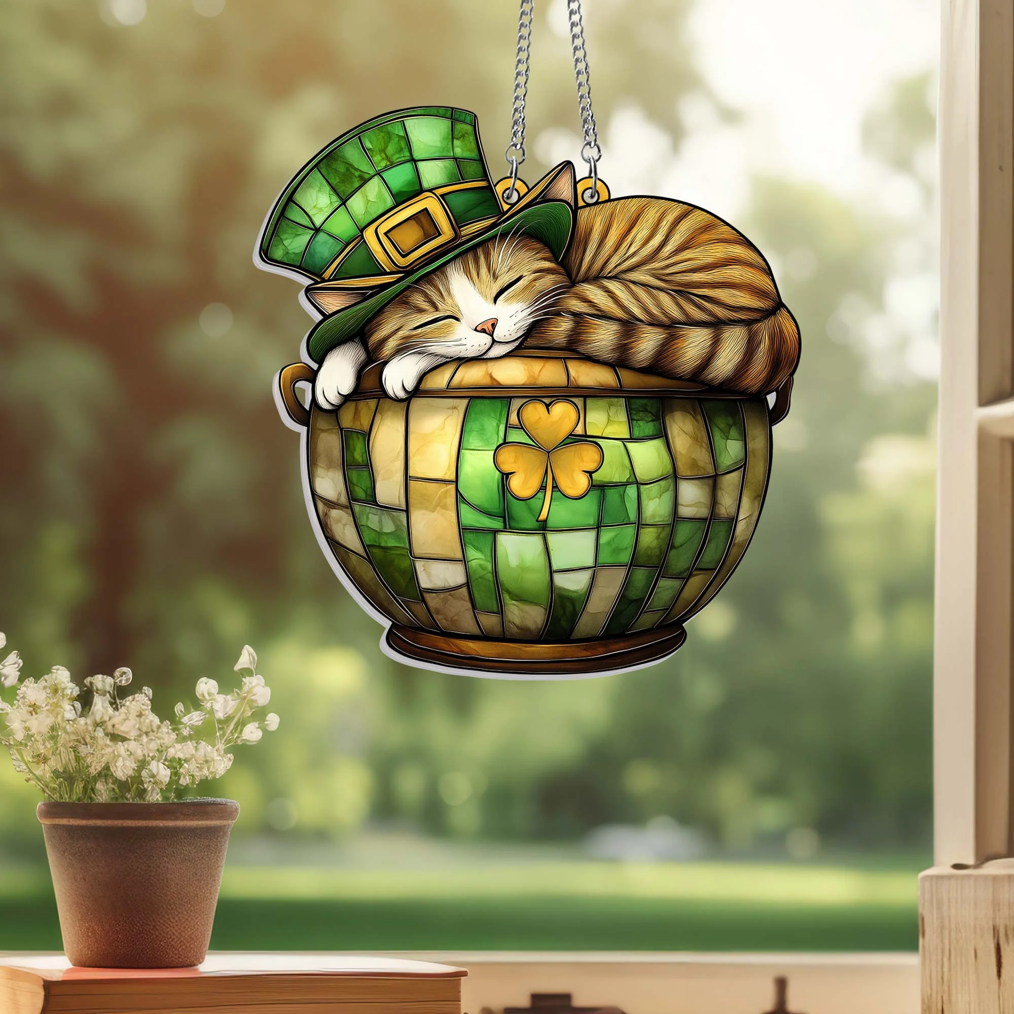 St. Patrick's Day Cat in Lucky Clover Pot Suncatcher Acrylic Hanging Sign