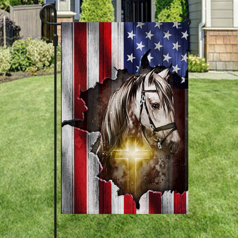 Horse Stand With God Christian Cross American Flag