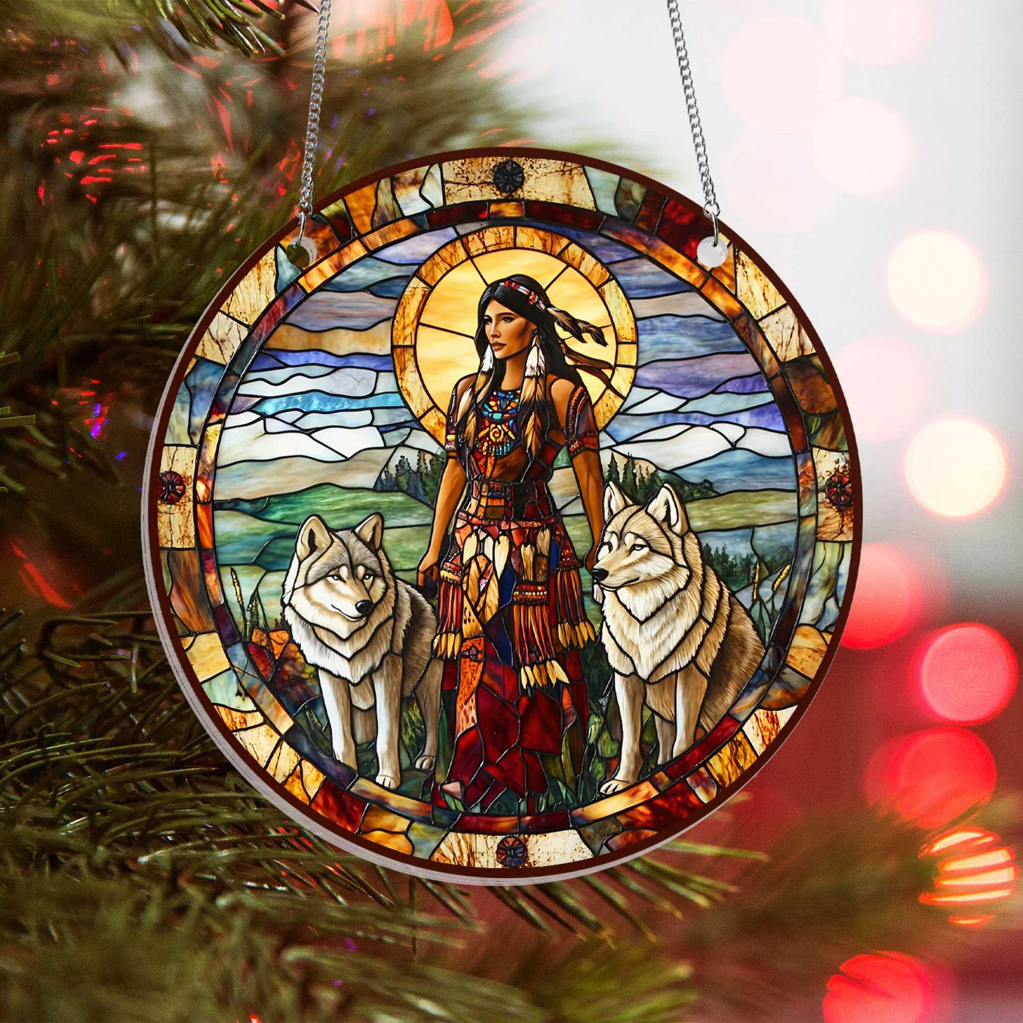 Native American Wolf Suncatcher Acrylic Hanging Sign