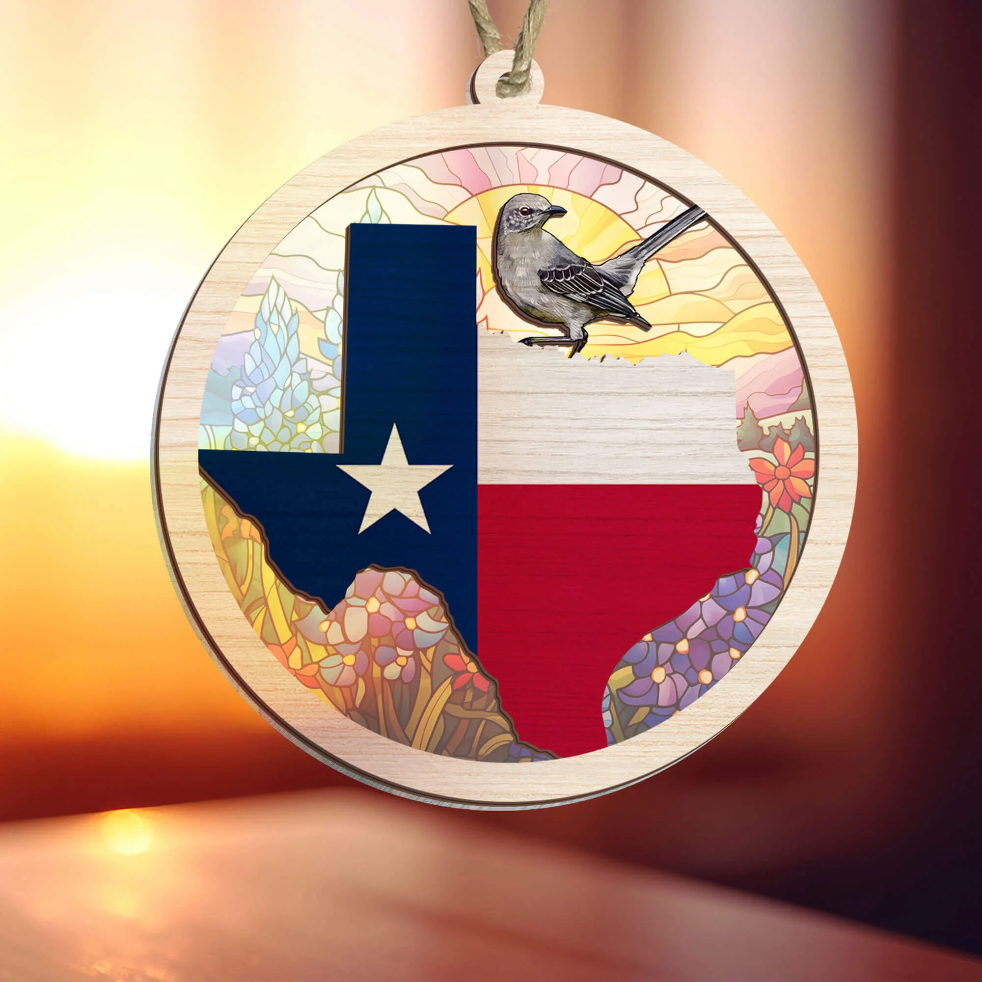 Christmas Ornament, Texas with Northern Mockingbird and Bluebonnet, Texas Suncatcher