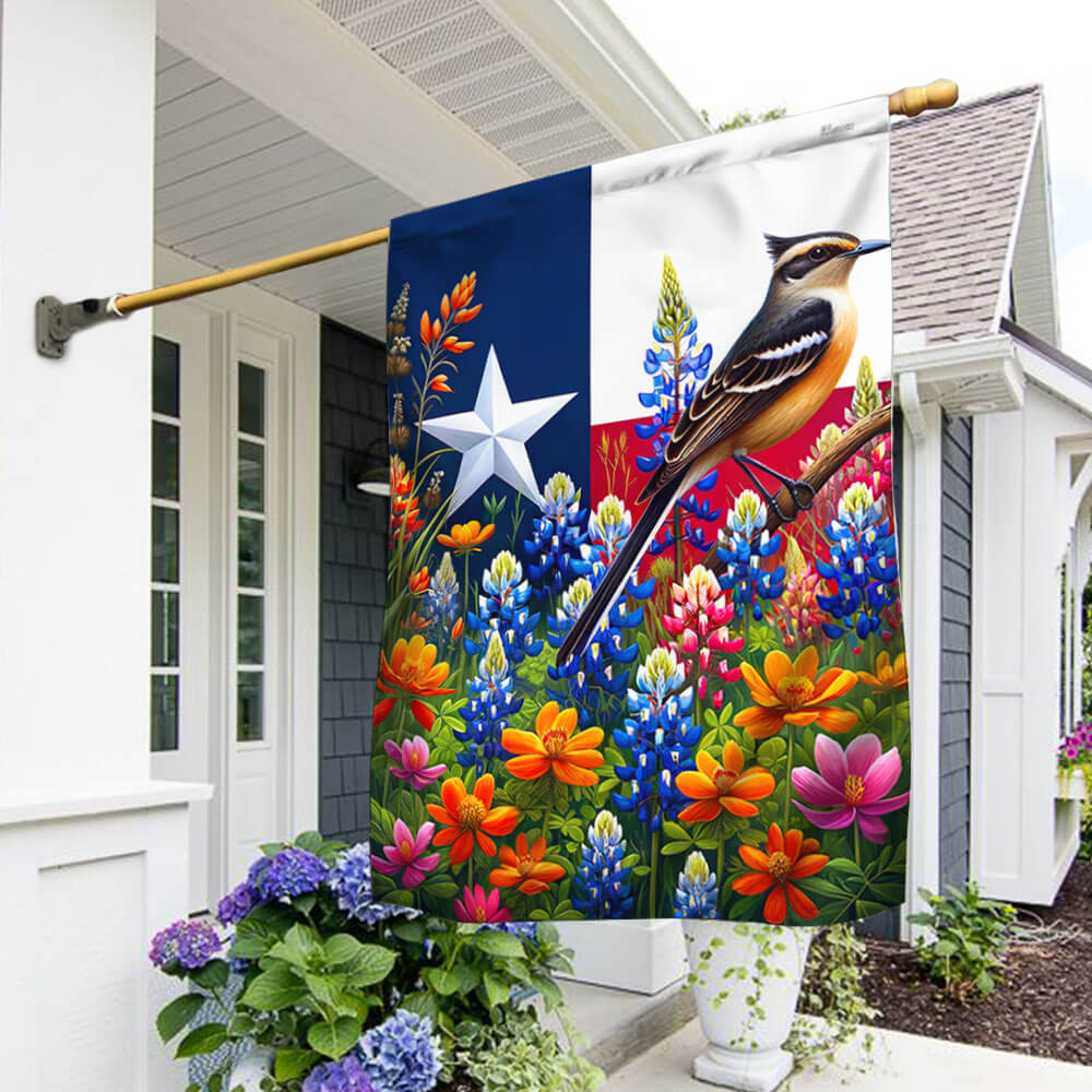 Bimipi Spring in Texas with Native Bird and Bluebonnets and Texas Indian Paintbrushes Flag