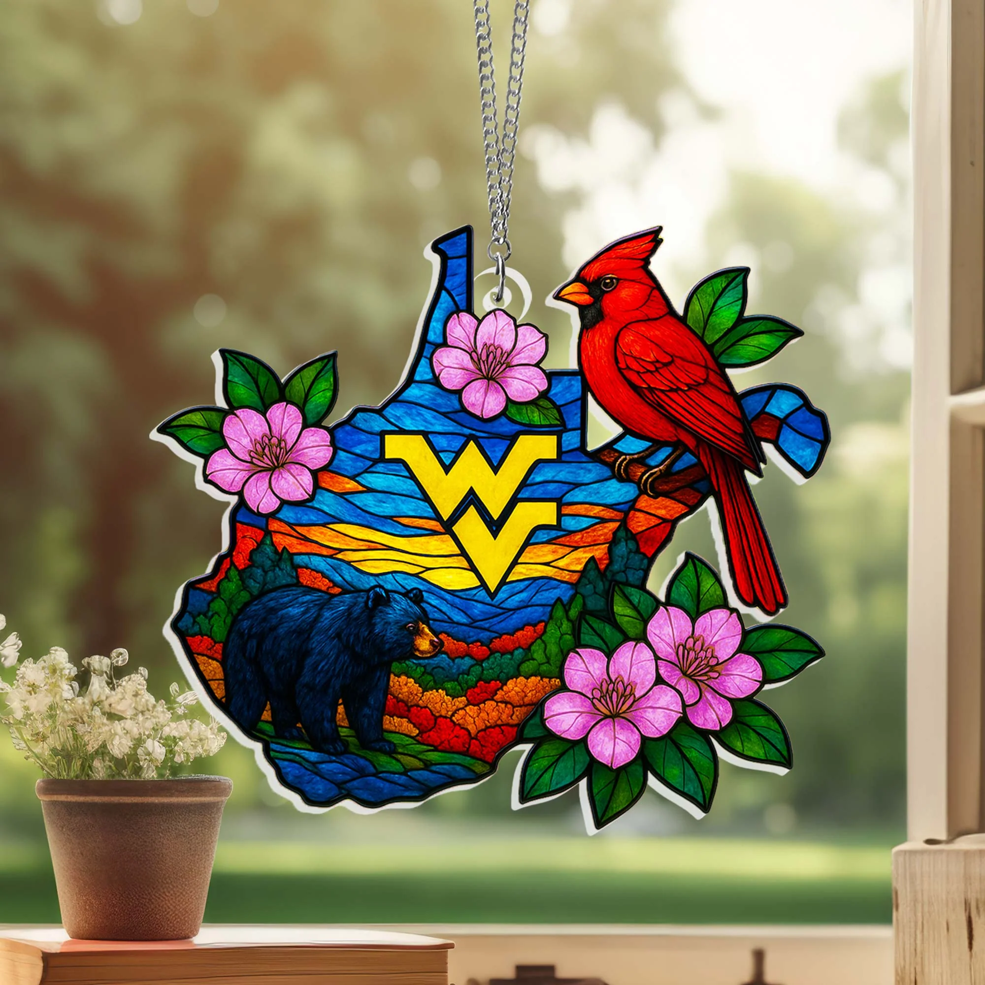 West Virginia Cardinal Rhododendron Acrylic Suncatcher, WV Day Hanging Decor