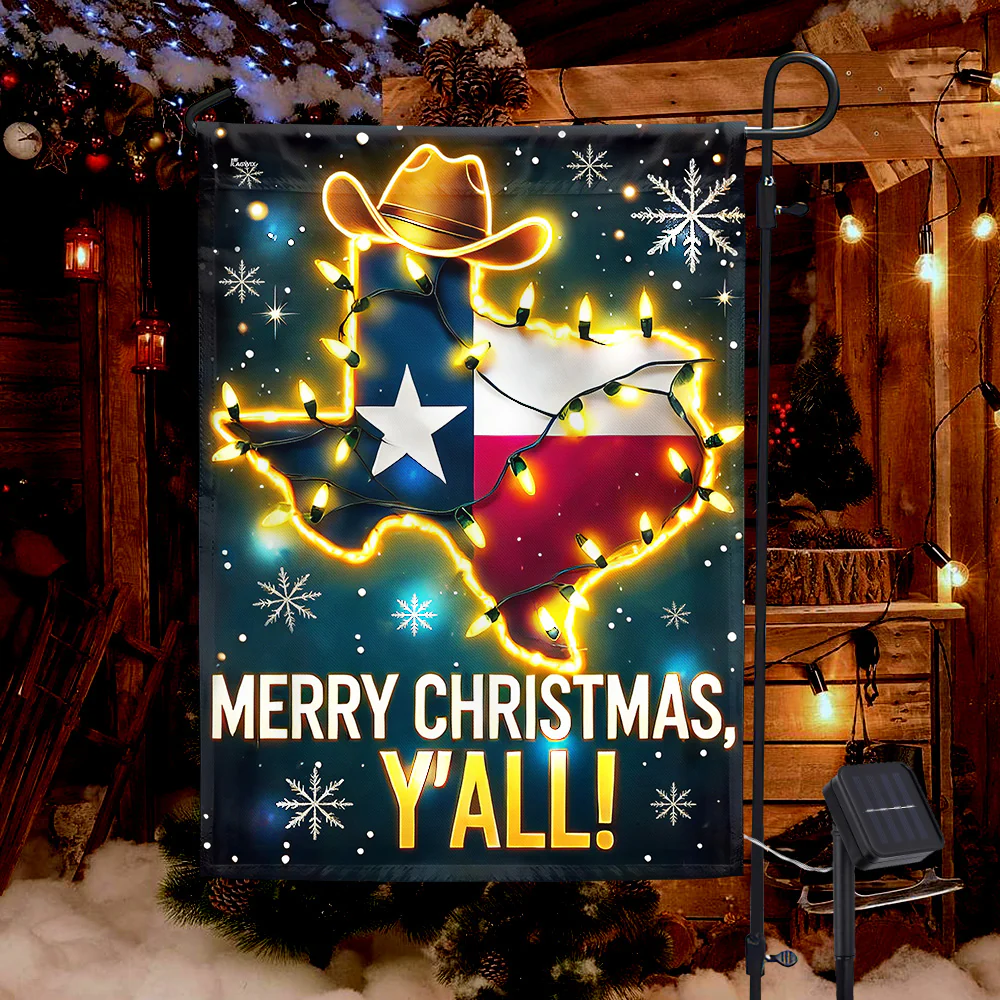 Texas Merry Christmas Y'all Solar LED Garden Flag