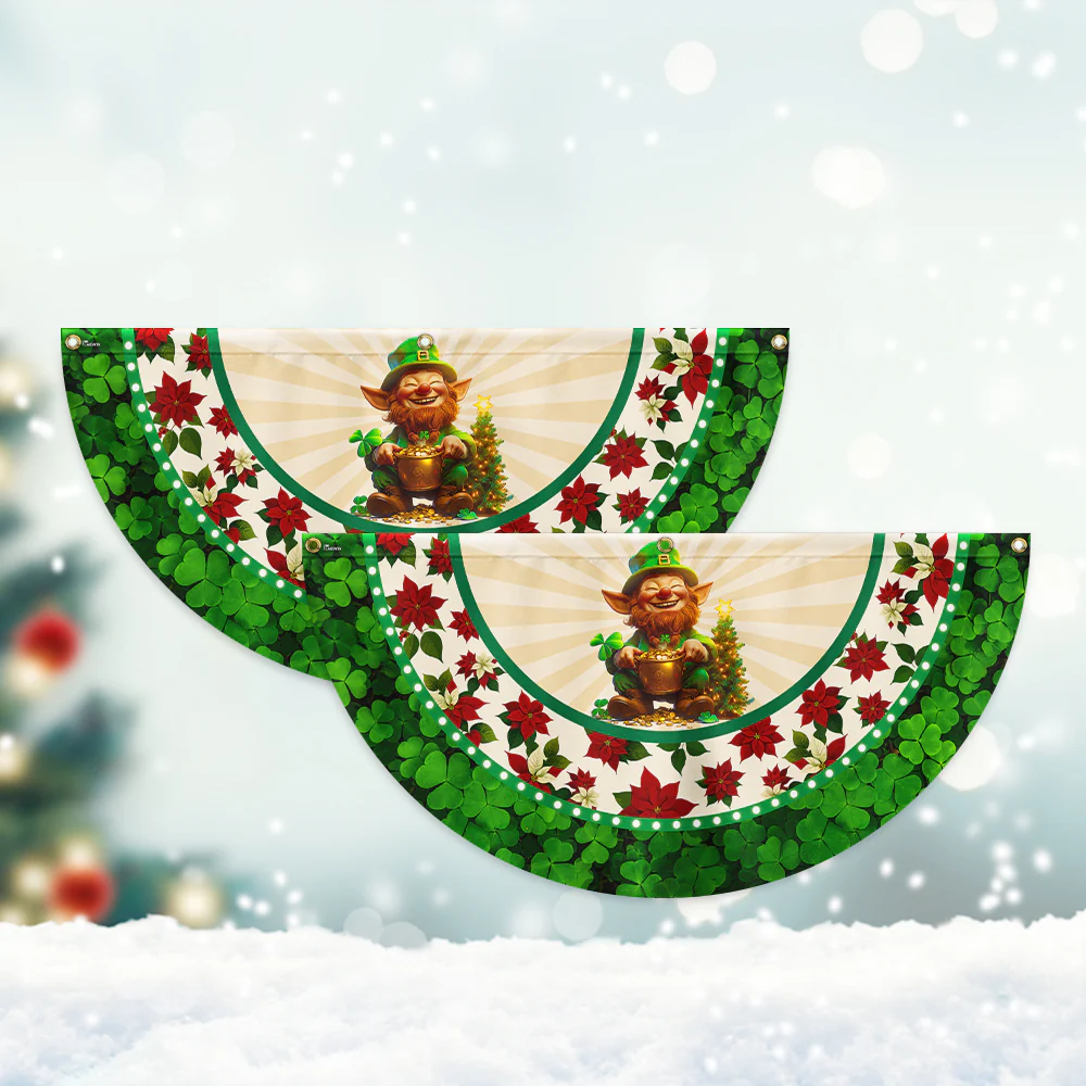 Irish Christmas Fan Flag - Leprechaun, Shamrock & Poinsettia Décor  - 3-Day Shipping