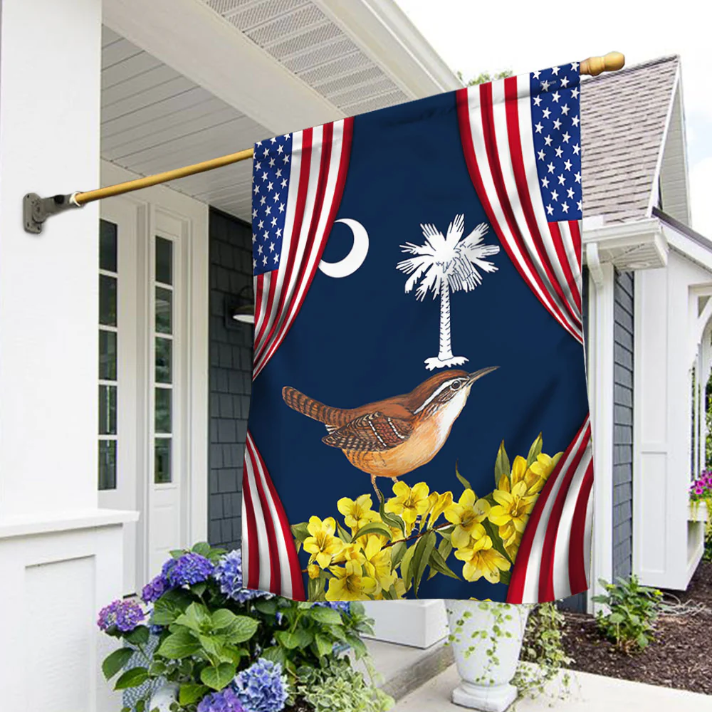 South Carolina Yellow Jessamine Flower and Carolina Wren Bird American Flag