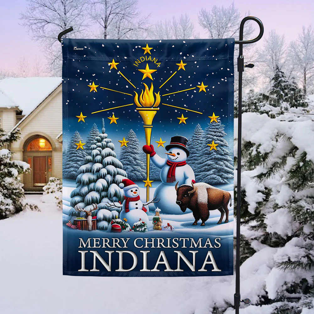 Indiana Christmas Flag Snowman with Gold Torch Merry Christmas