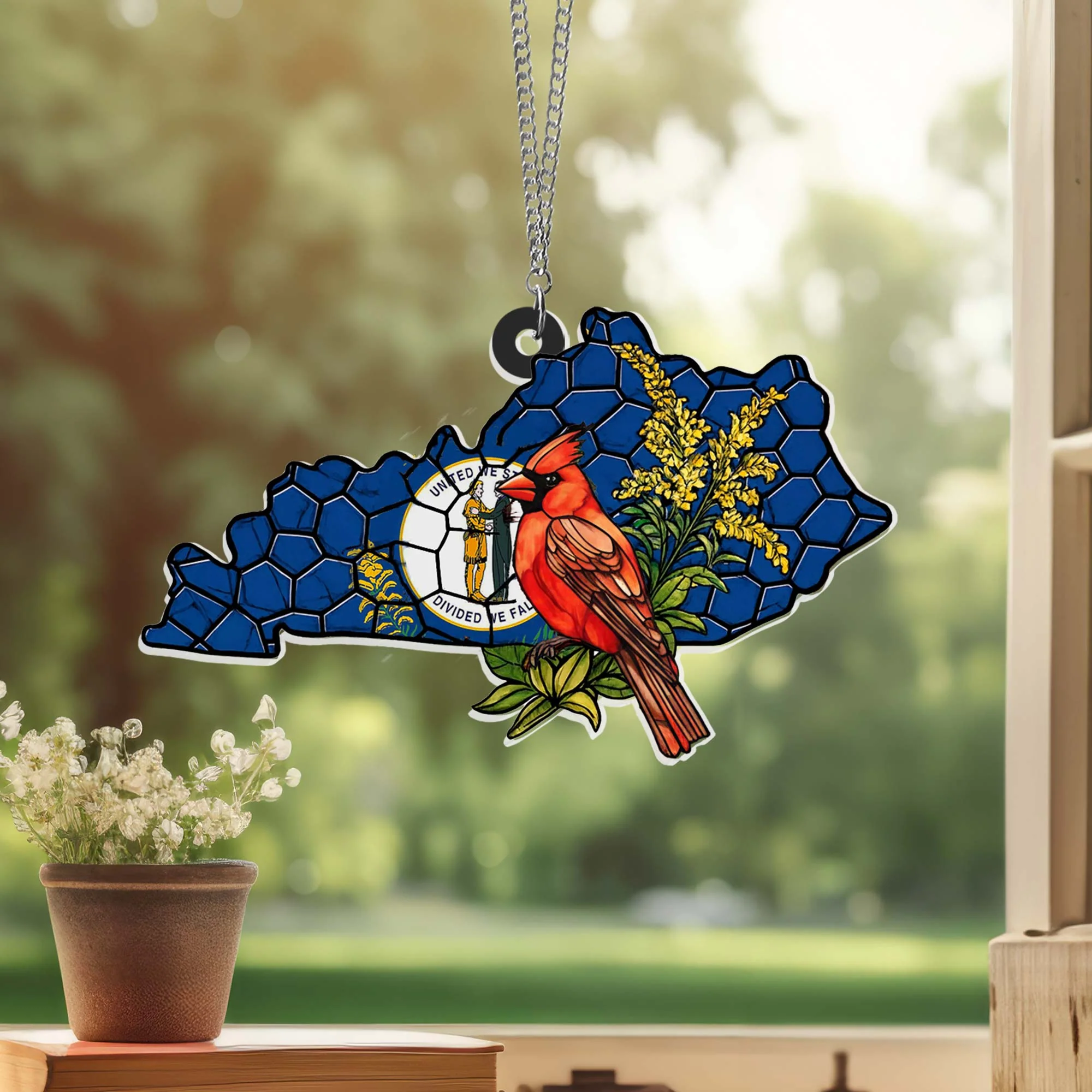 Kentucky Cardinal Suncatcher | Goldenrod Flower Acrylic Hanging Decor