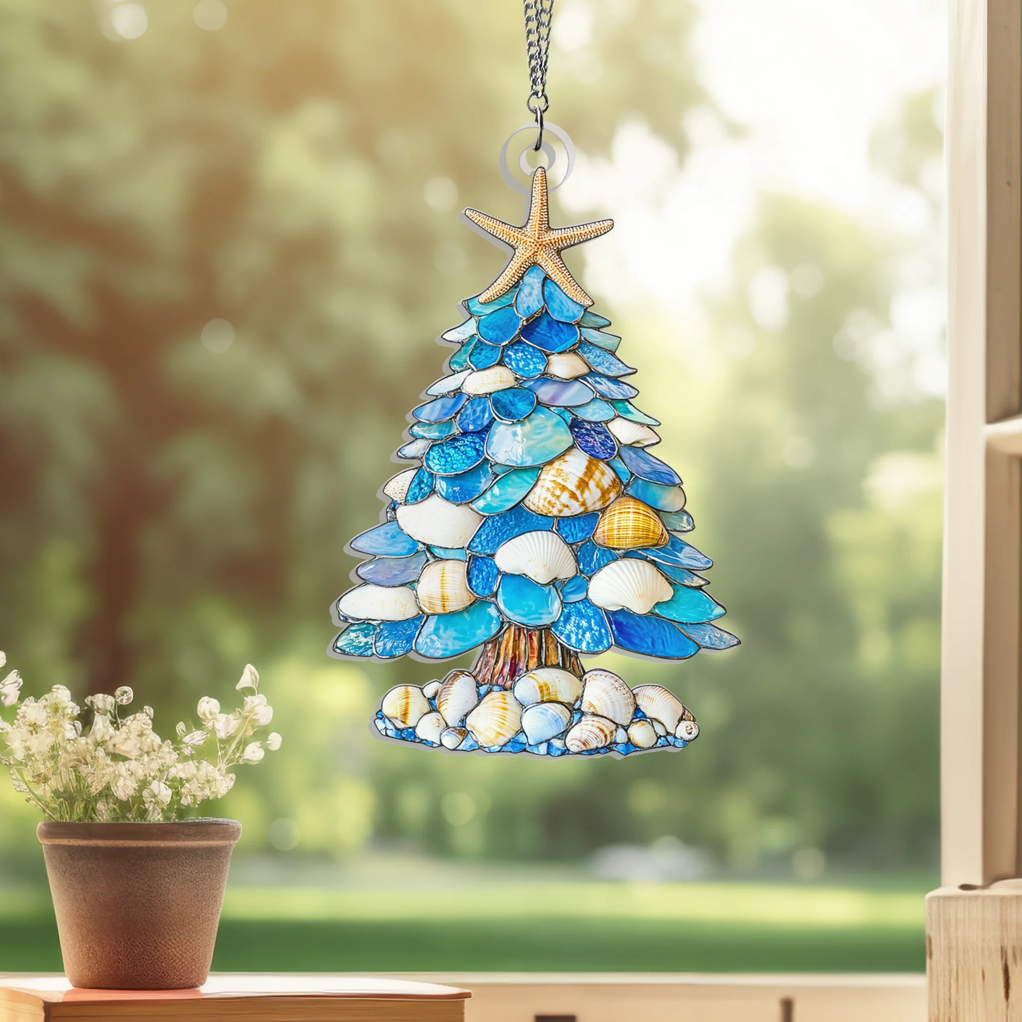Coastal Beach Christmas Tree Suncatcher Acrylic Hanging