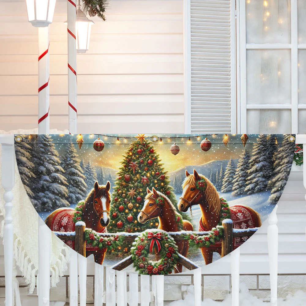 Horse Christmas Farm Non-Pleated Fan Flag
