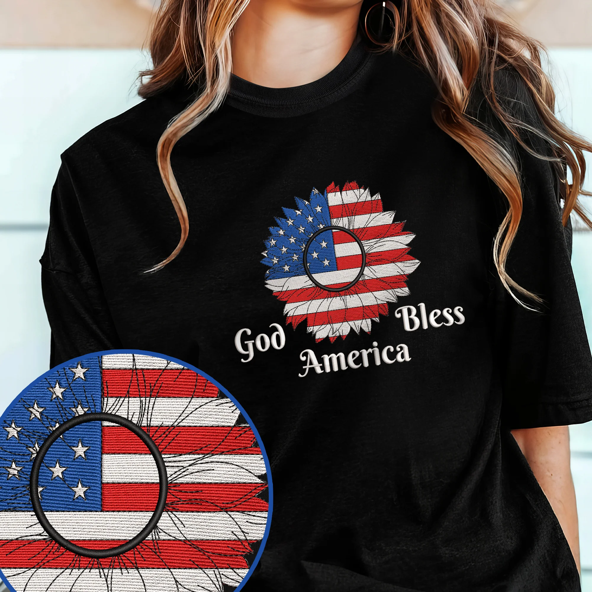 Sunflower God Bless America Embroidered T-Shirt
