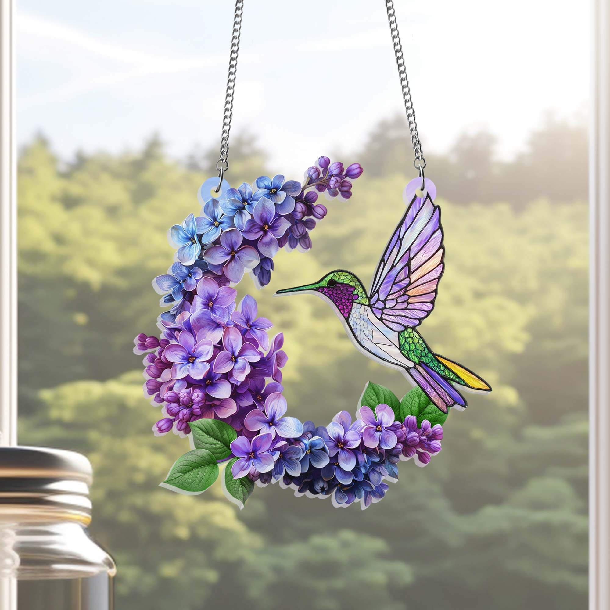 Hummingbird and Lilac Branch  Suncatcher Acrylic Hanging