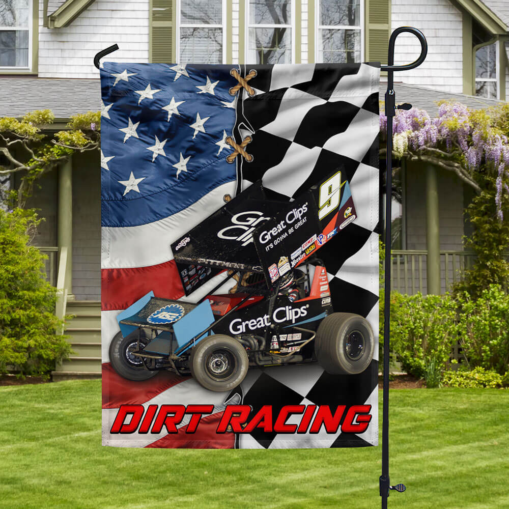 Sprint Car Dirt Track Racing Checked and American Flag