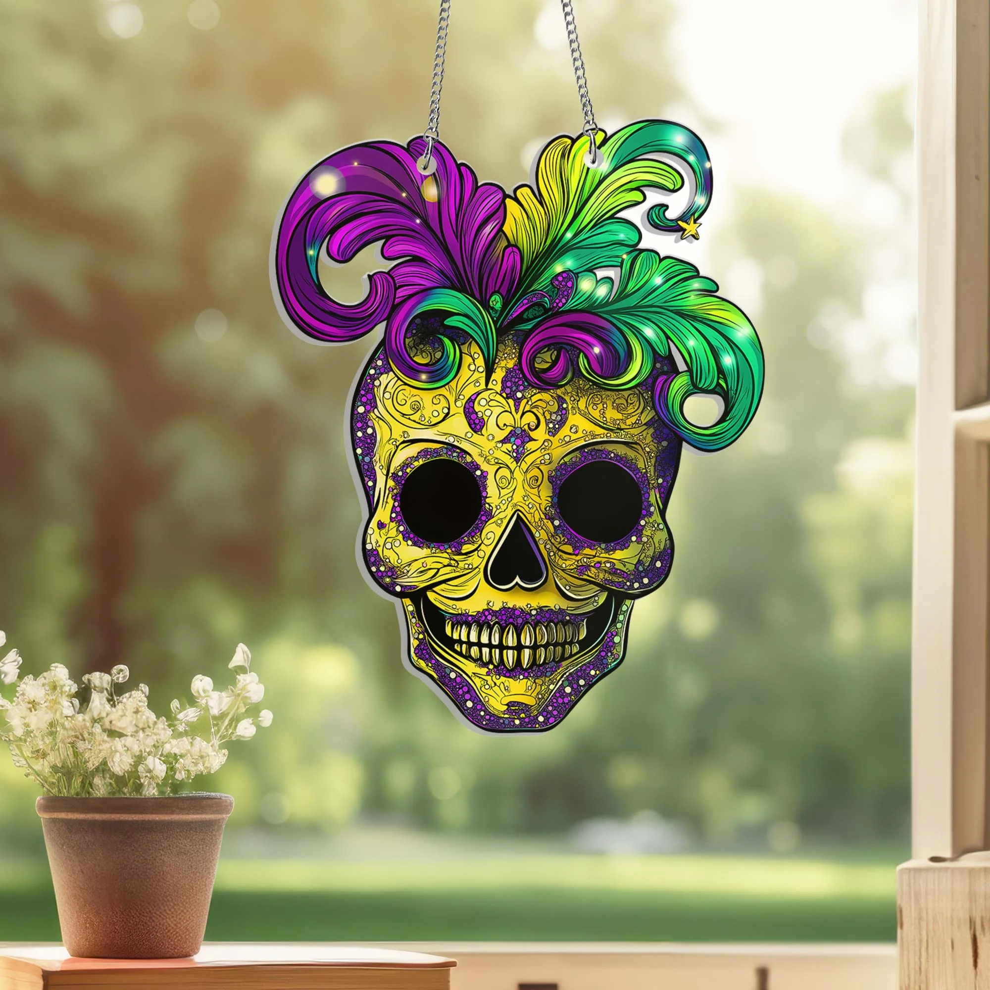 Mardi Gras Skull Suncatcher Acrylic Window Hanging Sign