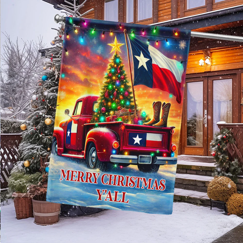 Texas Red Truck Merry Christmas Y'all Flag