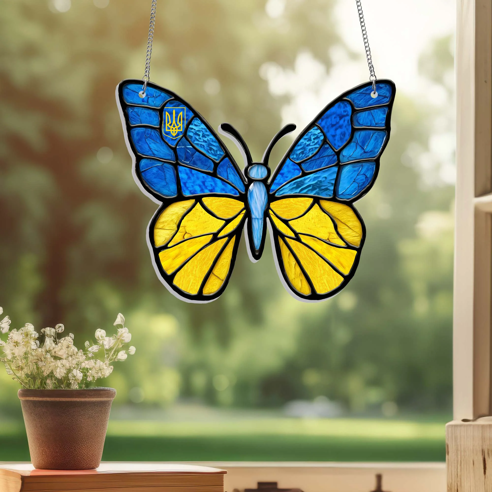 Stand With Ukraine Butterfly Blue Yellow Acrylic Suncatcher Hanging Sign