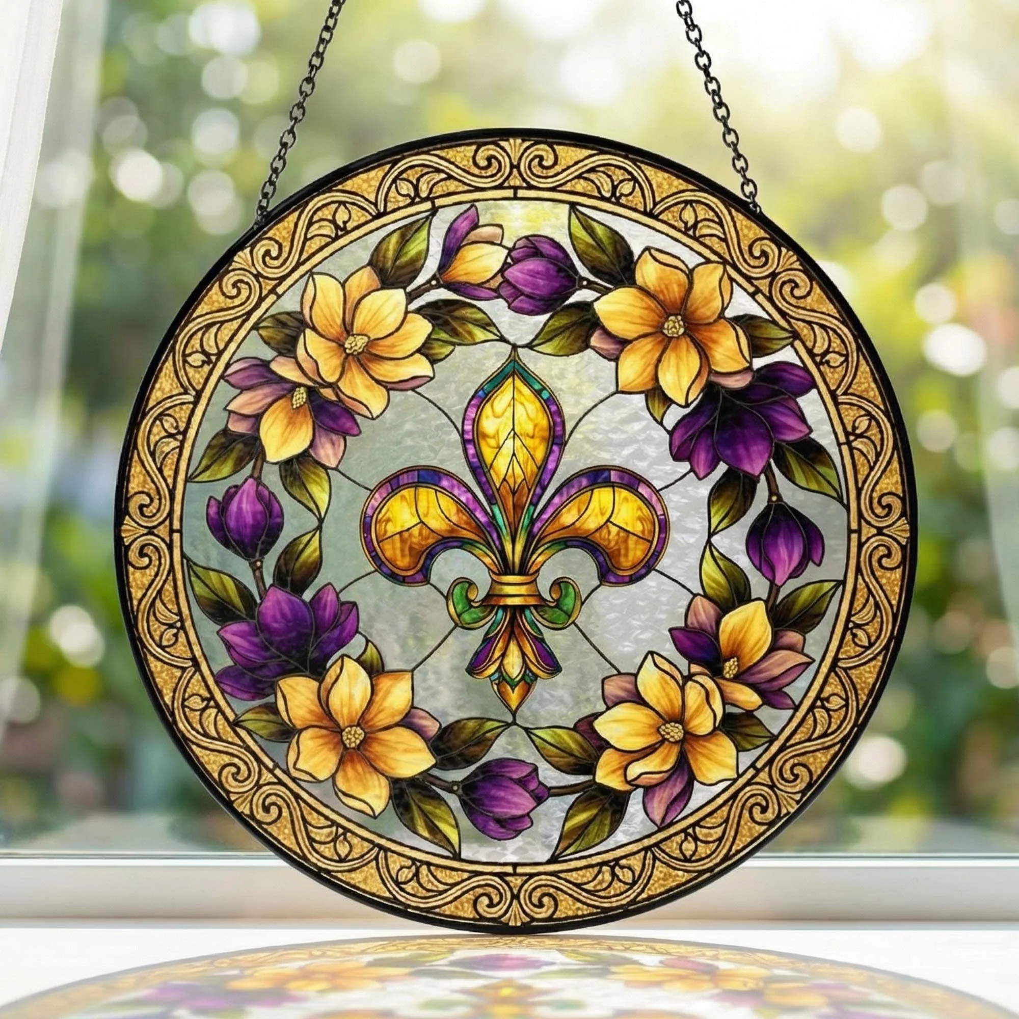 Mardi Gras Fleur de Lis Stained Glass Suncatcher, Louisiana Window Hanging