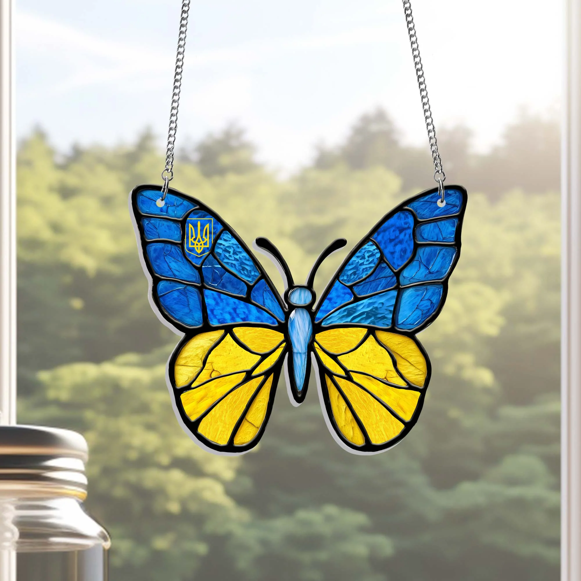 Stand With Ukraine Butterfly Blue Yellow Acrylic Suncatcher Hanging Sign