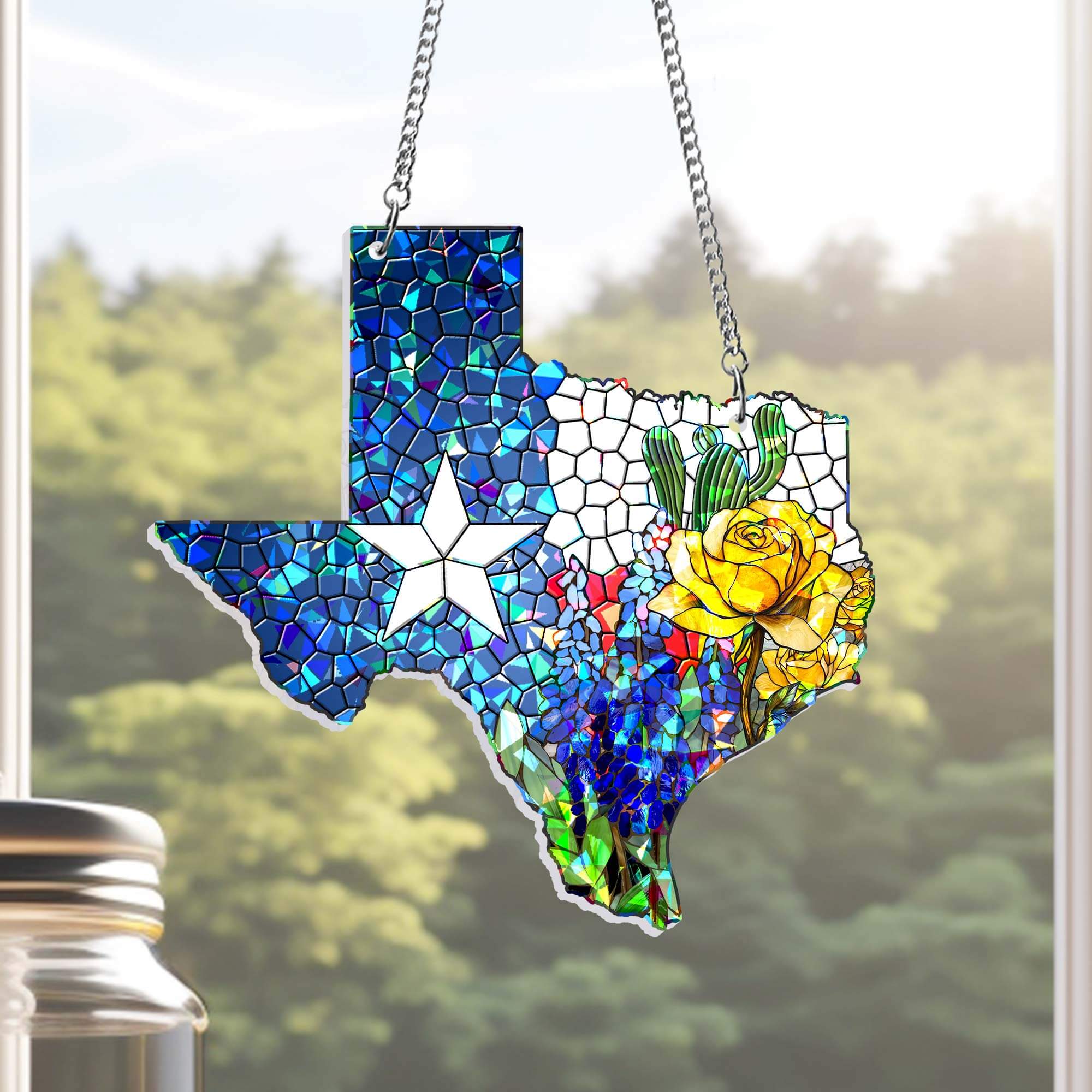 Texas Bluebonnet and Yellow Rose of Texas Hologram Window Hanging