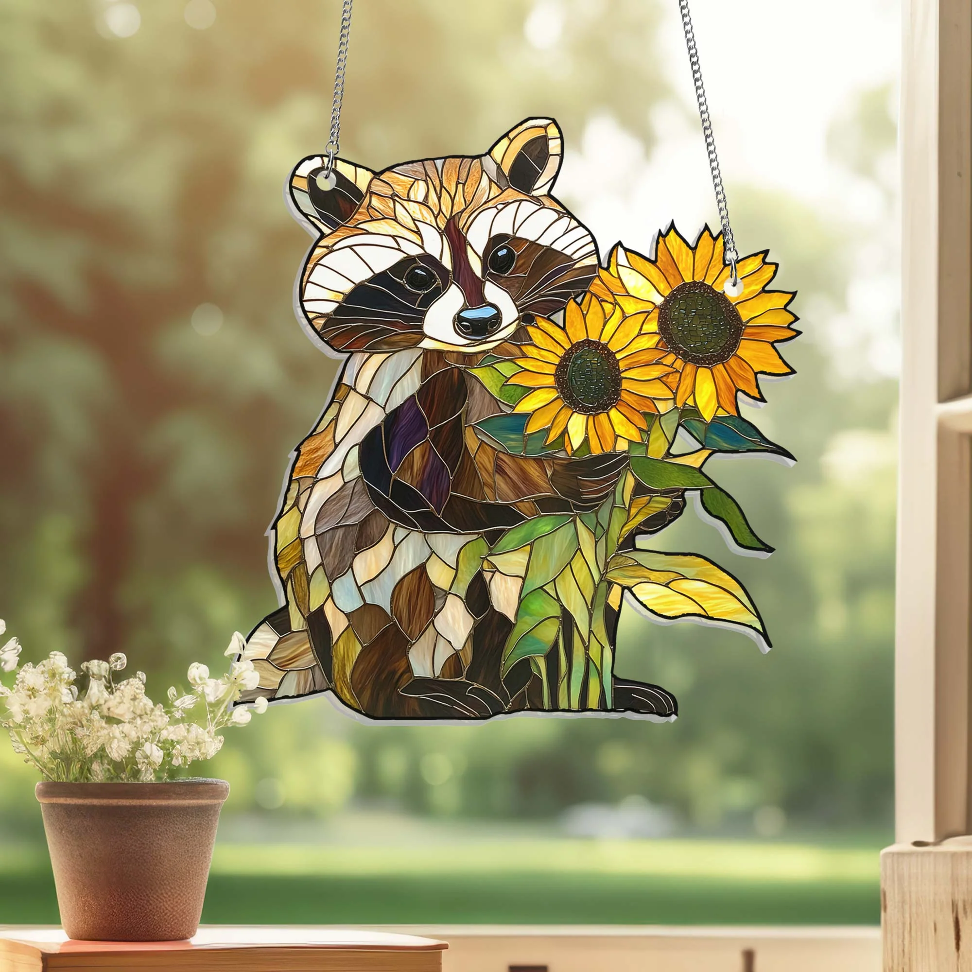 Raccoon Sunflowers Suncatcher Acrylic Hanging Home DecorTQN4339AS