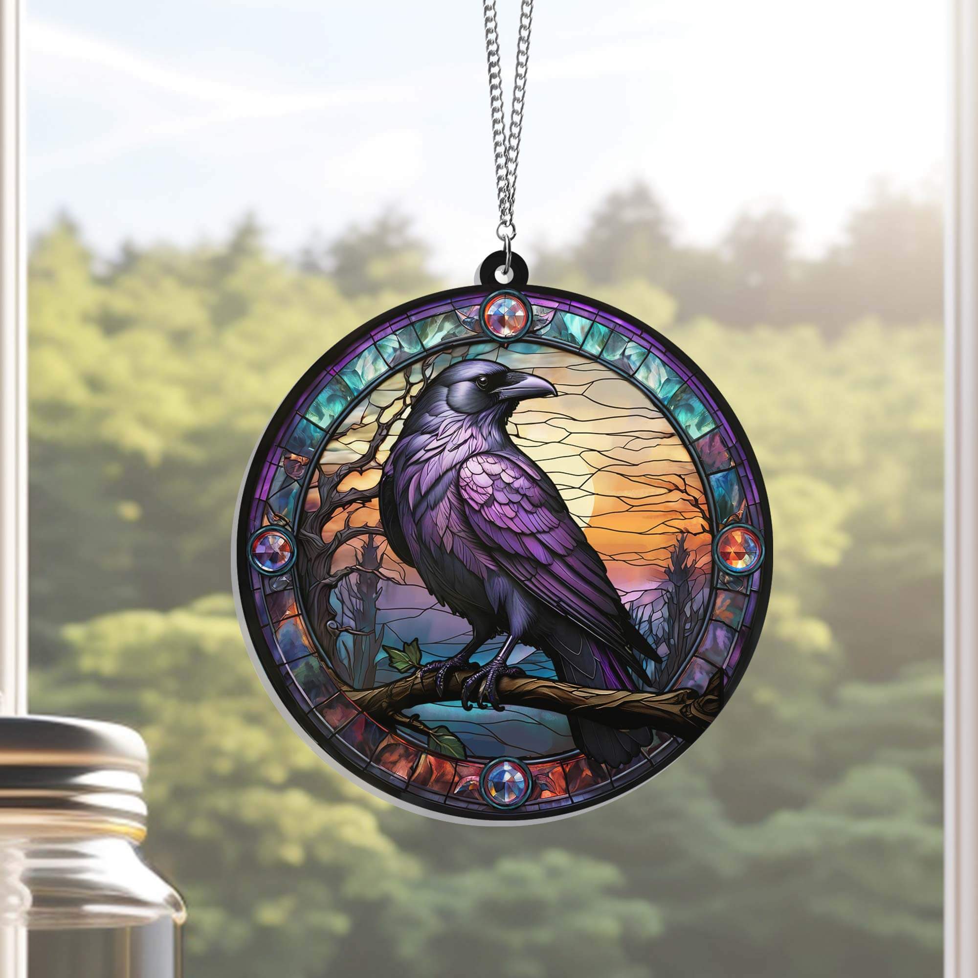 Raven Stained Glass Gothic Crow Suncatcher Acrylic Hanging