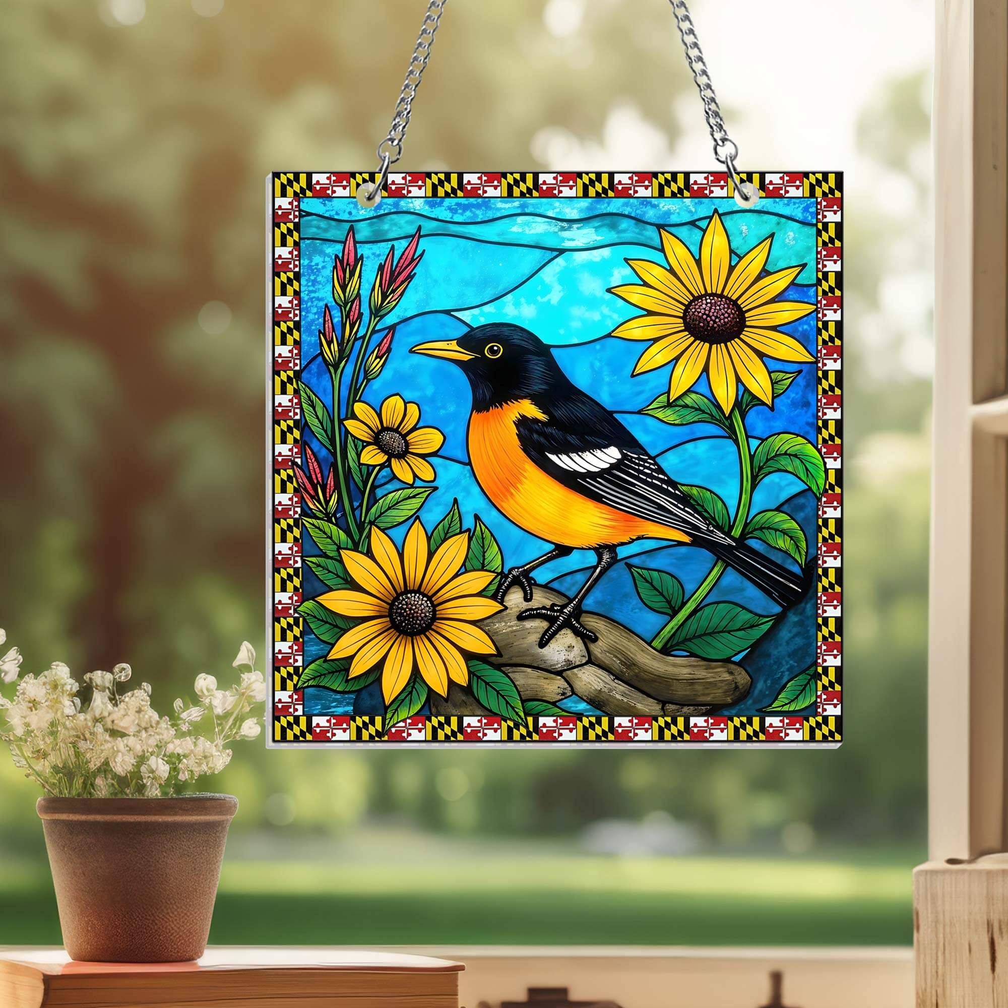 Maryland Baltimore Oriole Bird and Black-Eyed Susan Flower Suncatcher Hanging Sign