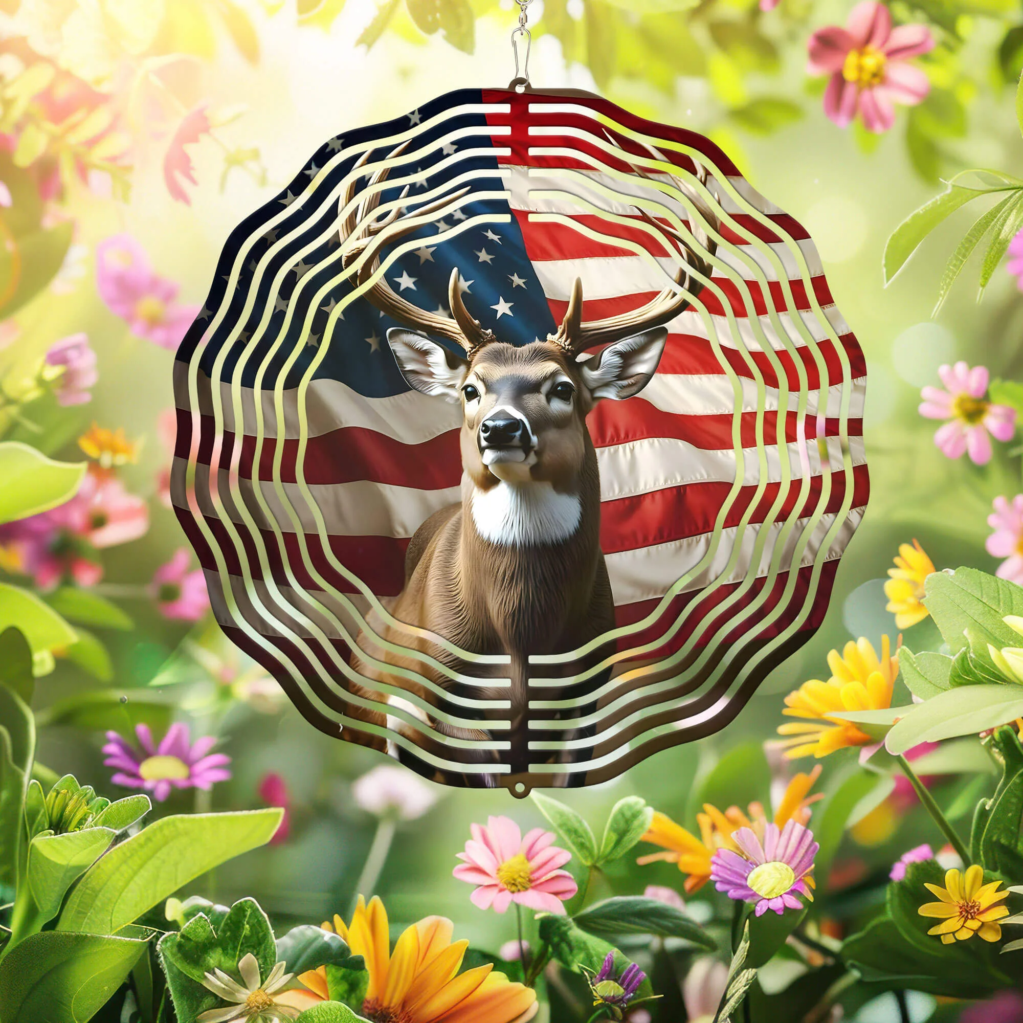 US Flag Deer Wind Spinner