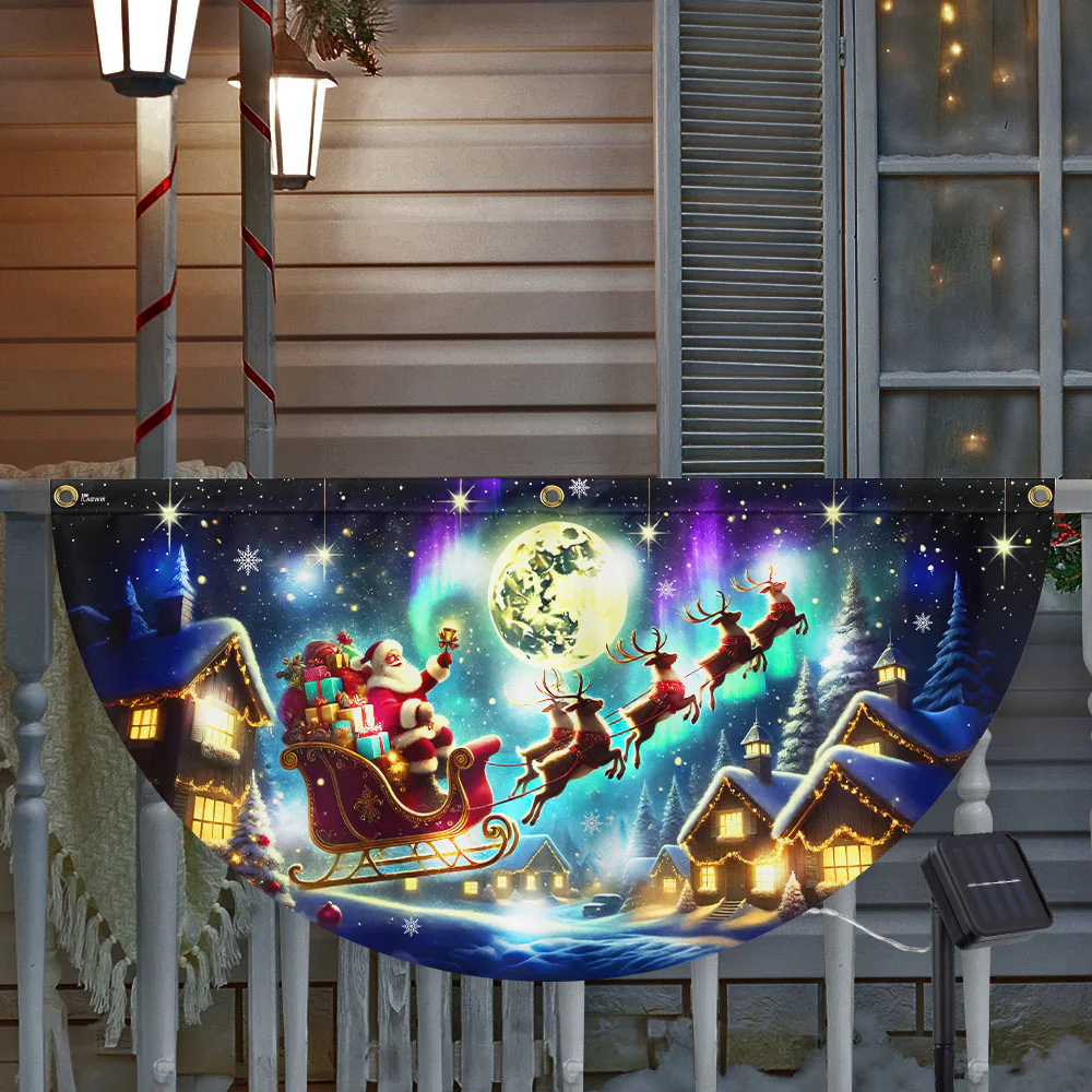 Christmas Santa Sleigh Reindeer To The Moon Festive Xmas Solar Led Fan Flag