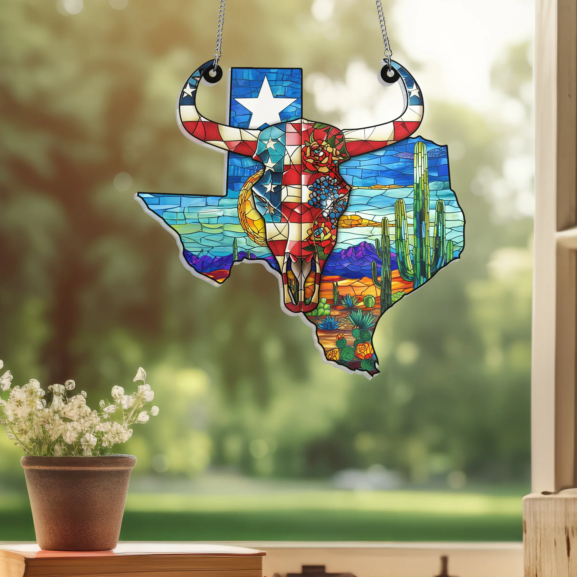 Texas America Map Suncatcher - Acrylic Hanging Gift with Skull Cow Design for Western Decor VTM297ASn