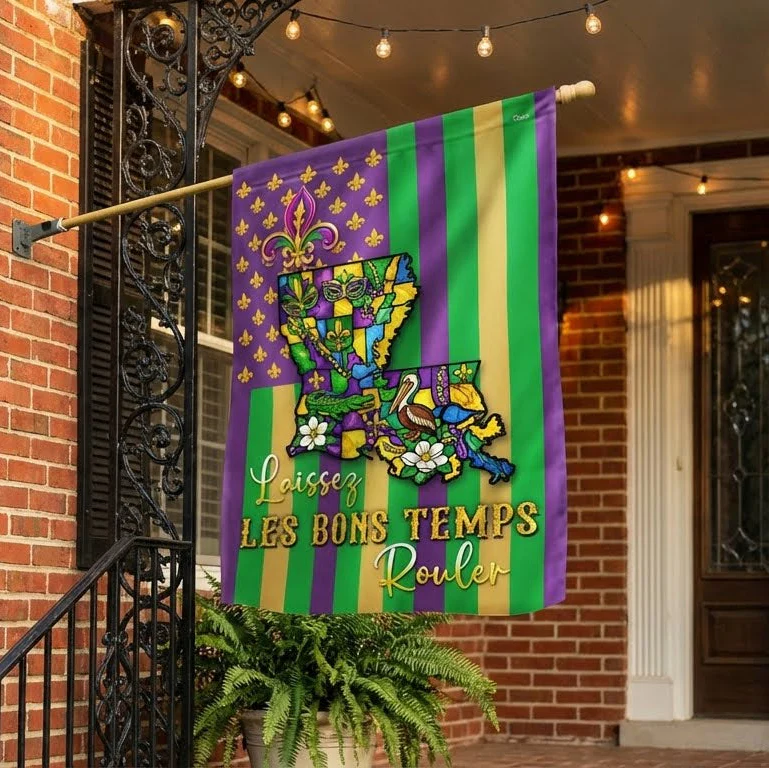Louisiana State Map Flag, Mardi Gras Laissez Les Bons Temps Rouler US Flag