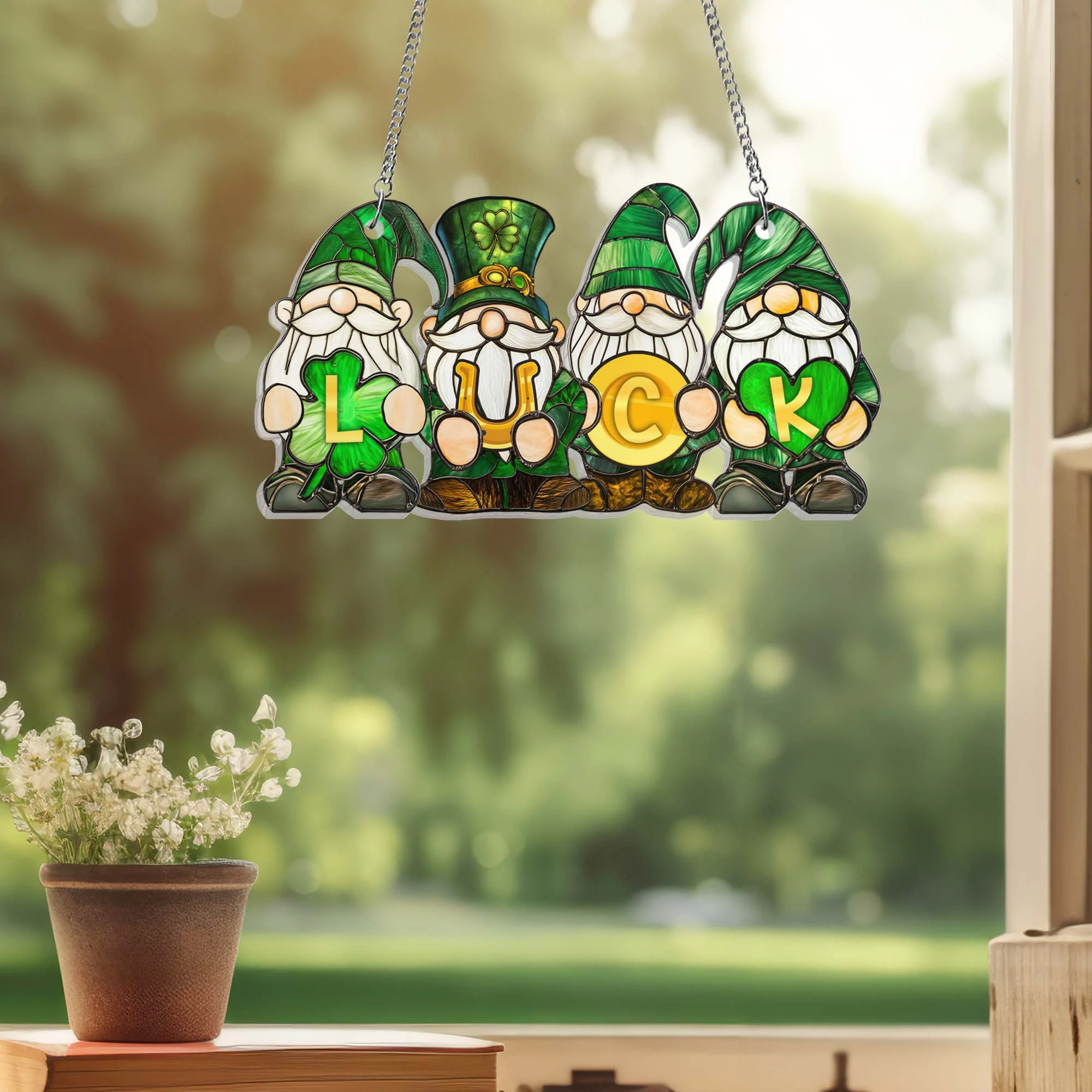 Irish Gnomes Lucky Shamrock Saint Patrick's Day Acrylic Suncatcher Hanging