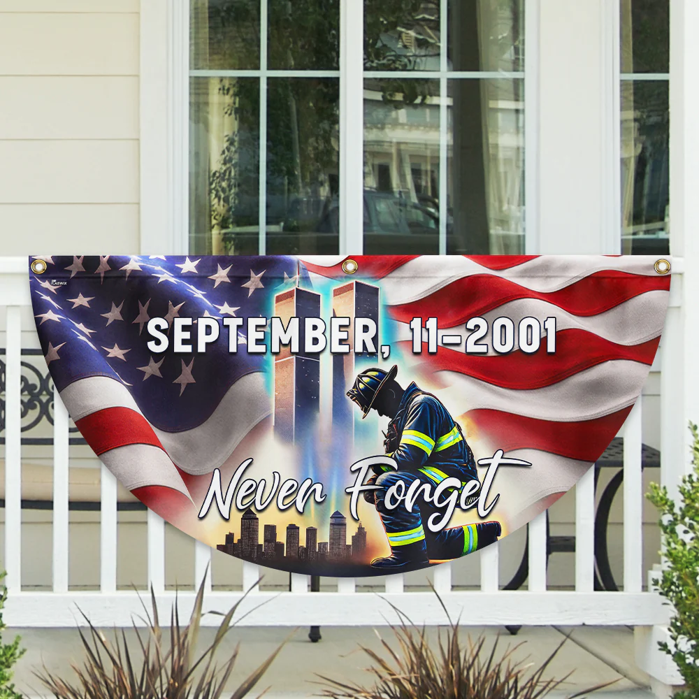 Never Forget 11th September Patriot Day 911 Kneeling Firefighter Non-Pleated Fan Flag